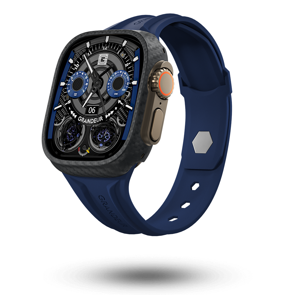 Carbon Fiber Apple Watch Case - Deep Navy Strap