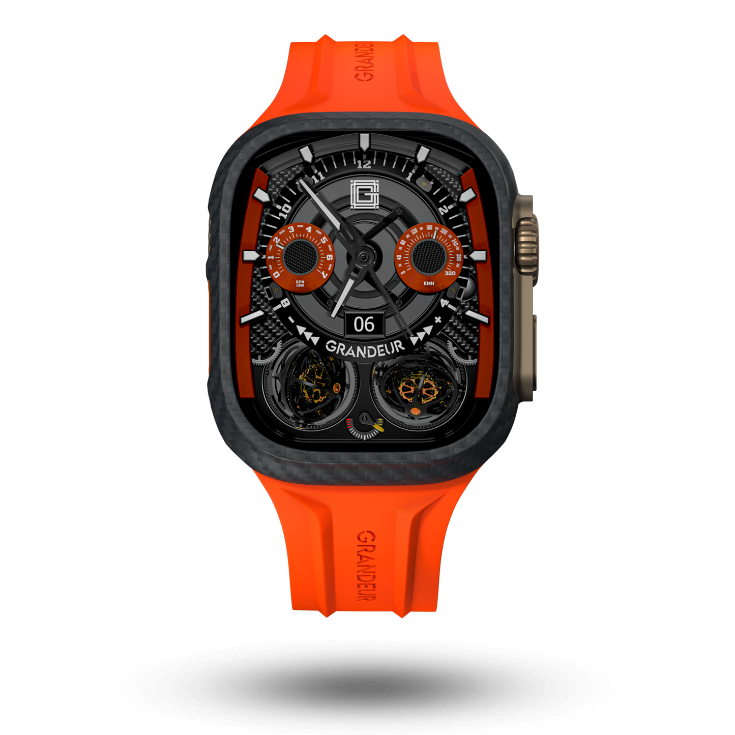 Carbon Fiber Apple Watch Case - Papaya Strap